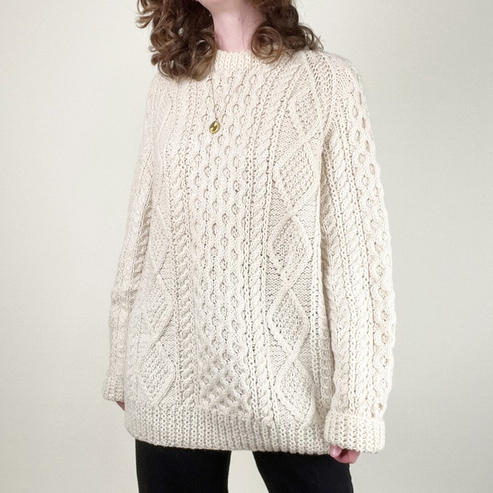 Vintage Hand Made Aran Cable Knit Sweater Oversized Fisherman Handmade Christmas